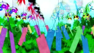 日本传统夏季景观带风磬.. 五彩缤纷的风铃。 循环动画。